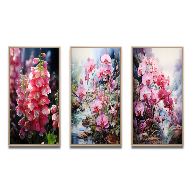 «Meadow Foxglove Fantasy», 3 pièces sur toile, Cadre naturel flottant, H 28 po x l 36 po