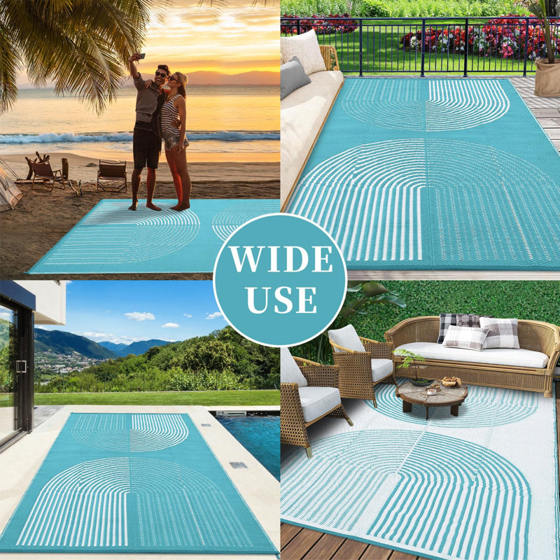 Outdoor Rug 6x9 ft Waterproof Plastic Straw Rug for Patio UV Resistant Reversible Floor Carpet Outside Portable RV Camping Pat for Balcony Porch Backyard Light Blue White