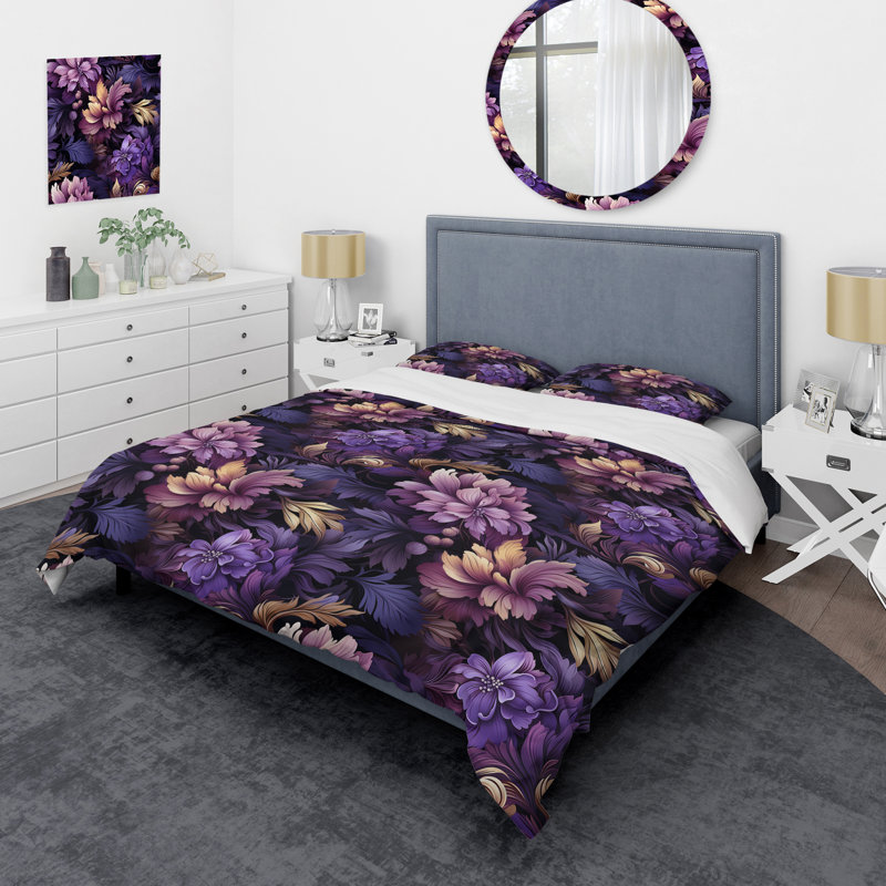 Mystic Purple Damask Whispers II - Ensemble de housse de couette damassé, Housse de couette pour grand lit et 2 taies décor