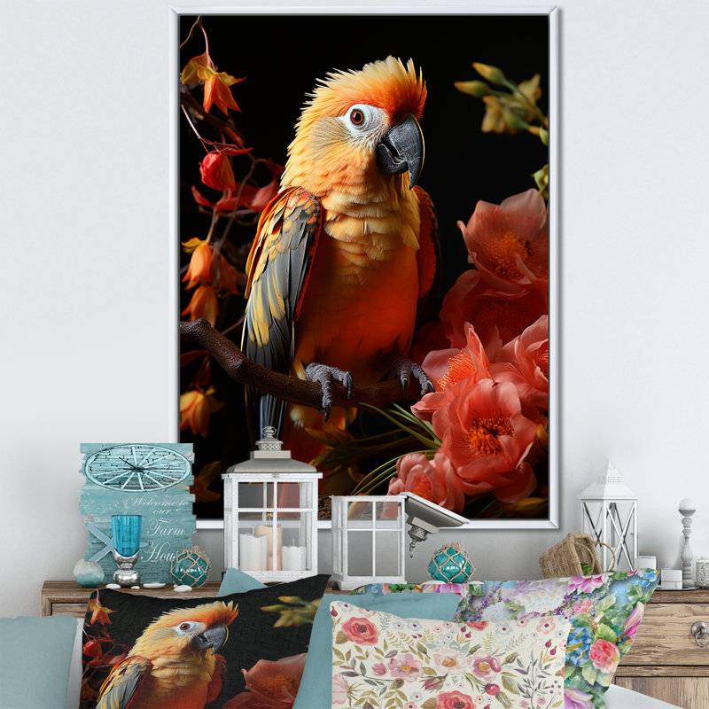 " Parrots Tropical Serenade ", 20" H x 12" W x 1" D, White Floater Frame