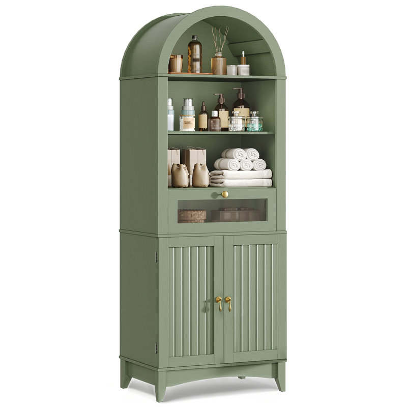 66.2" Tall Arched Bathroom Storage Cabinet with Flip Drawer and Shelves, Green