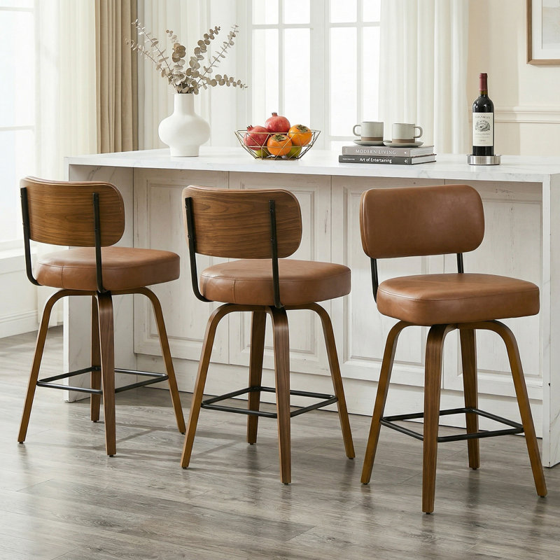 Tabouret de comptoir pivotant 26 po avec structure en bois courbé au fini noyer, 3, Brun