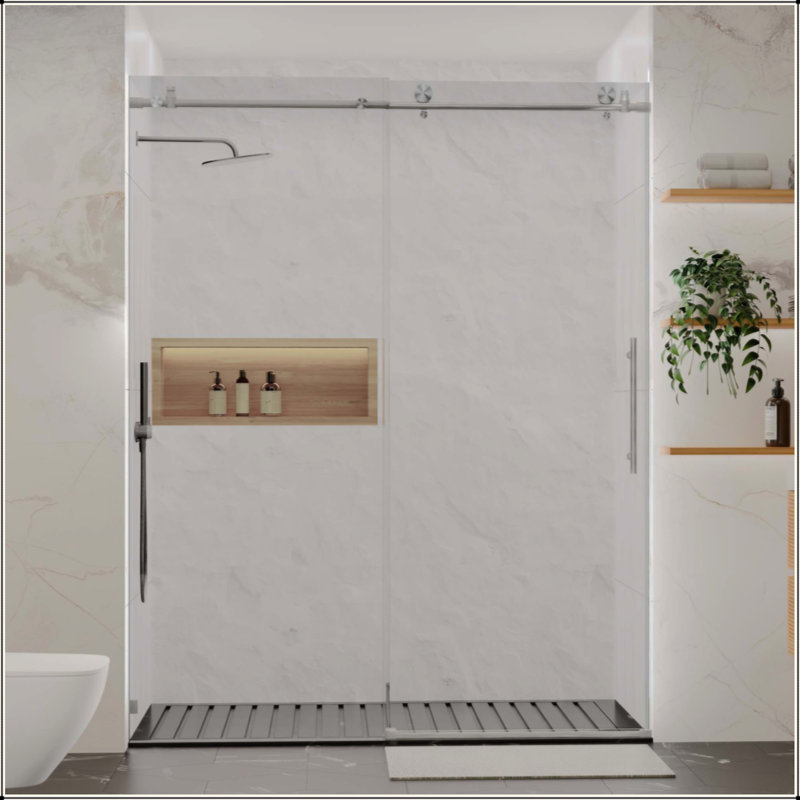 Porte de douche sans cadre, porte de douche coulissante, avec cabine de douche en verre trempé épais de 5/16 po (8 mm) de qualité supérieure, avec tampon
