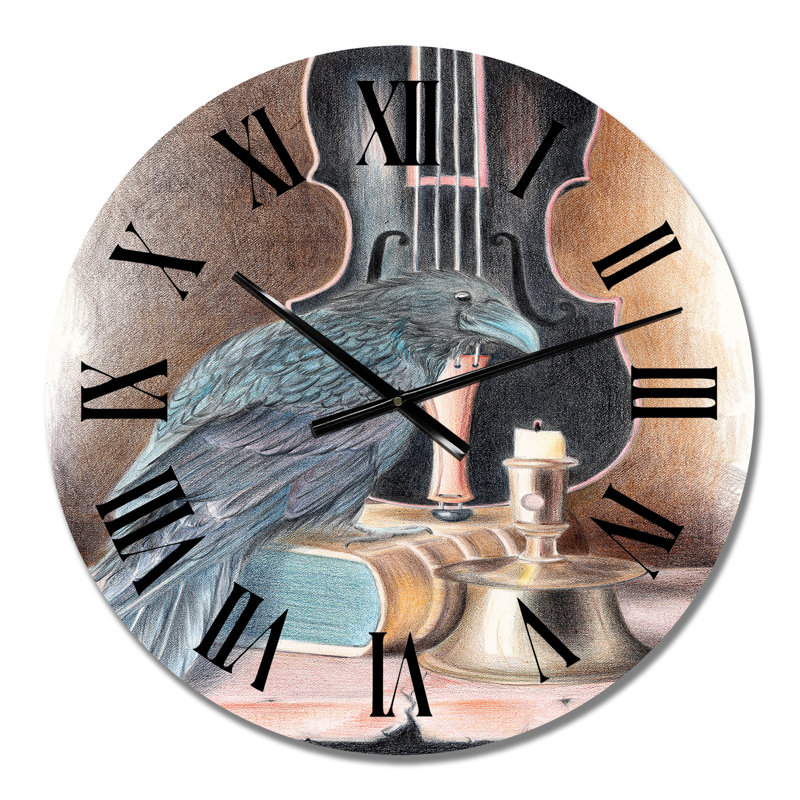 Corbeau sur un livre avec violon I - Horloge murale bohémienne et éclectique, Moyen