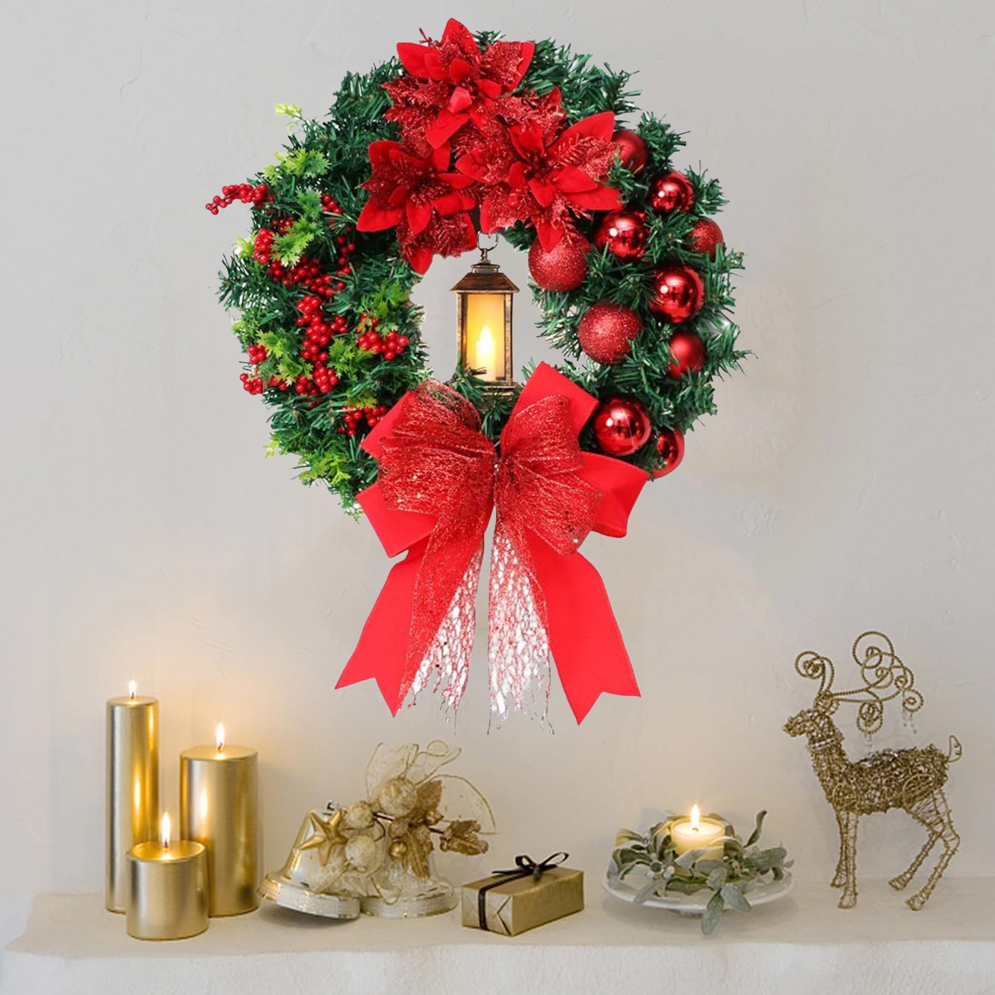 The Holiday Aisle® Christmas Wreath Hanging With LED Lanterns