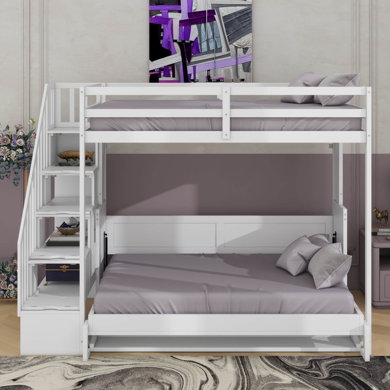 Full Over Full Size Murphy Bed With Hydraulic Lift & Desk Design, White