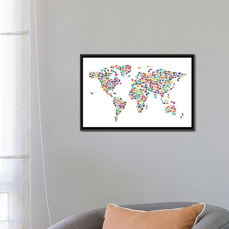 « chats world map »-impression sur toile tendue Karlskrona, H 18 po x l 26 po x P 1,5 po, Toile avec cadre noir, Pas de tapis