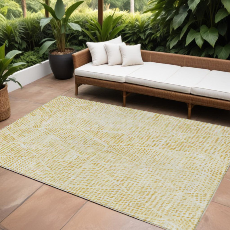 Tapis intérieur / extérieur géométrique lavable 9 pi x 12 pi doré et ivoire