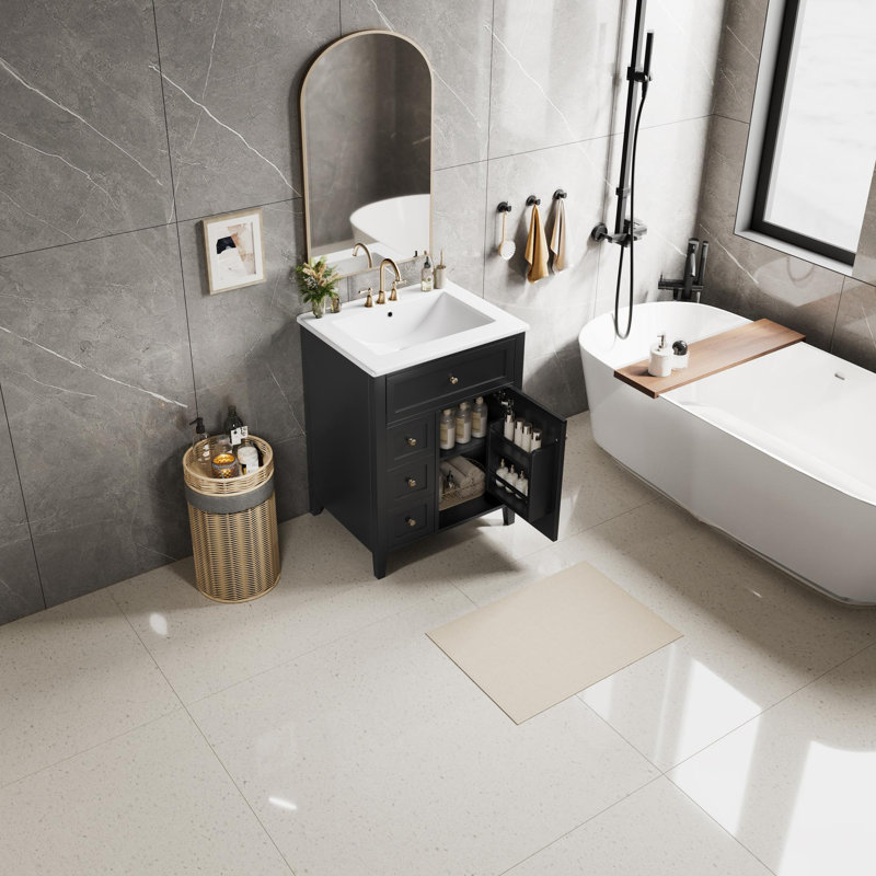Meuble-lavabo autoportant de 24 po avec lavabo en céramique, Noir et or