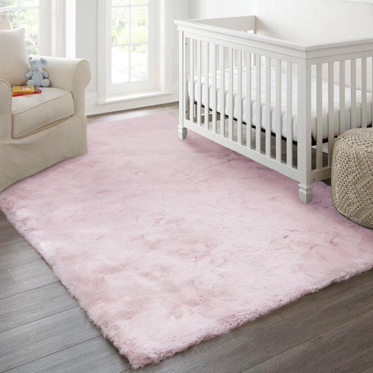 Umeh Cozy Faux Rabbit Fur Area Rug Machine Washable Rug in Pink