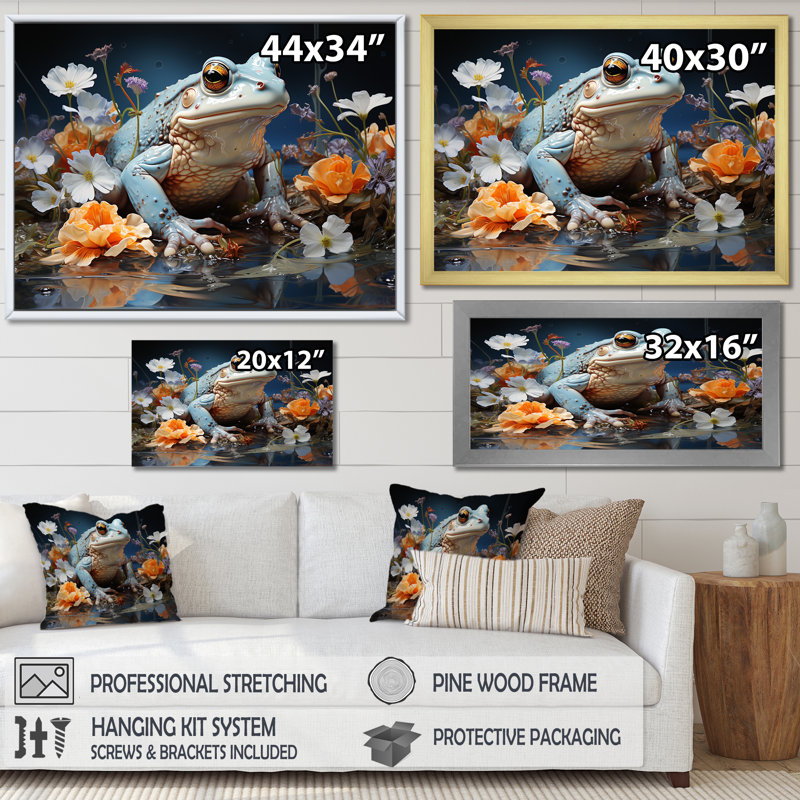 Représentation abstraite de la grenouille bleue I - reproduction sur toile, H 30 po x l 40 po x P 1,5 po, Cadre flottant doré