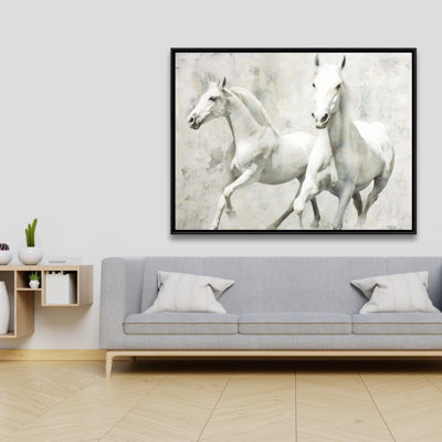 Deux chevaux blancs qui courent sur toile