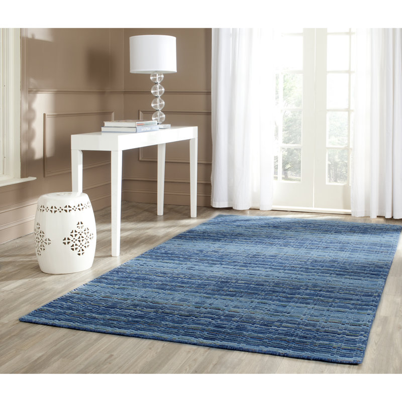 Tapis bleu abstrait en laine tissé à plat à la main Hossain, Rectangle 6 pi x 9 pi