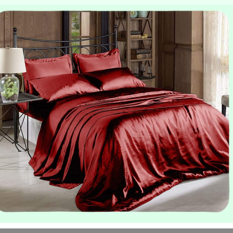 Luxury Silky Charmeuse Bedding Set - Burgundy Queen Size - High Thread Count Solid Color Soft Pillowcase - Super Soft and Elegant Sheets