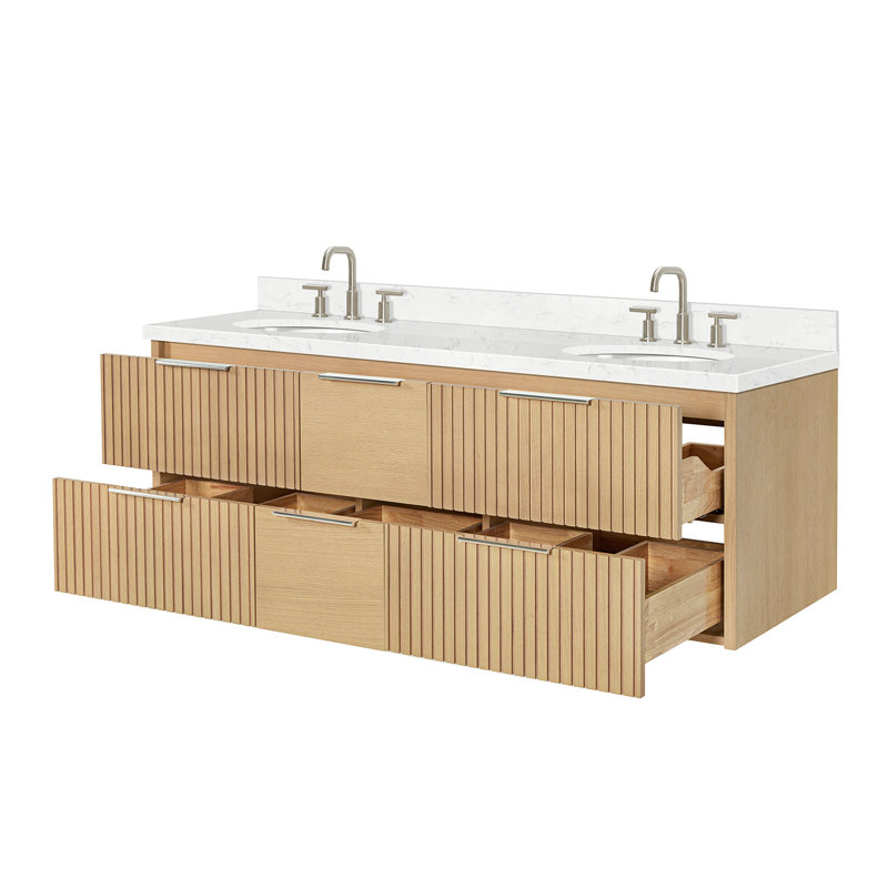 Meuble-lavabo mural double ovale 60 po avec comptoir à quartz blanc Carrara de 1,5 po Mulloy, Ovale, Chêne naturel