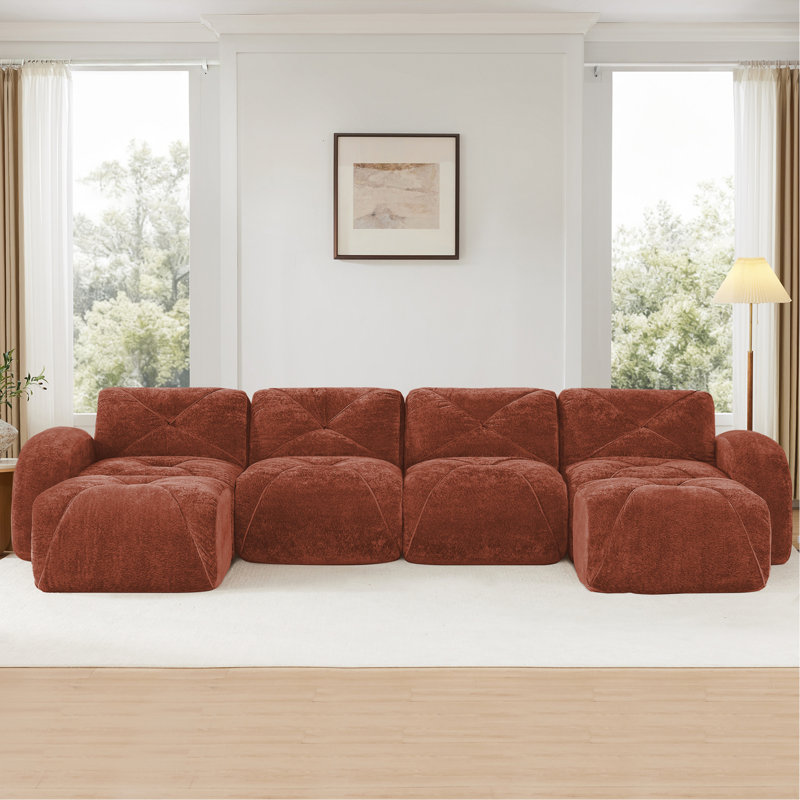 Canapé en forme de U sans os, conception capitonnée, fond en éponge haute densité 32D, conception antidérapante, aucun assemblage requis, combinaison libre, repose-pieds mobiles pour le salon, cinéma maison, brun rouge