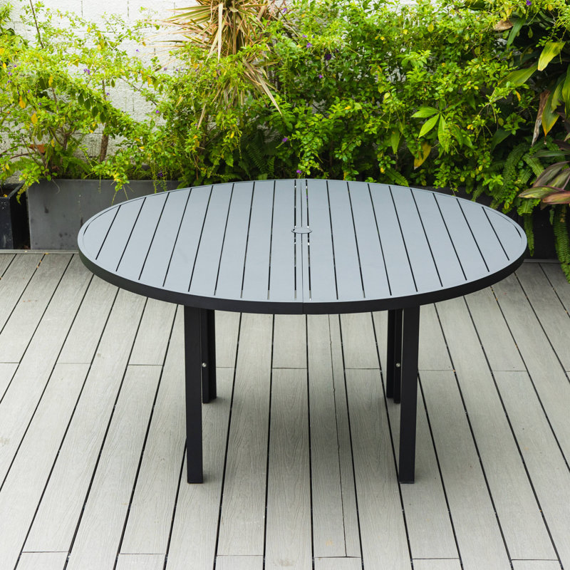 Chelsea 60" Round Modern Aluminum Outdoor Dining Table – Weather-Resistant Slatted Patio Table with Umbrella Hole – Rust-Proof Metal Table for Deck, Garden, and Poolside