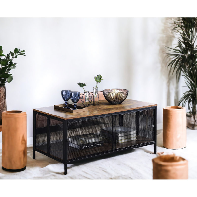 Table basse polyvalente en noir avec plateau en chêne antique et structure et table en métal, construction fonctionnelle