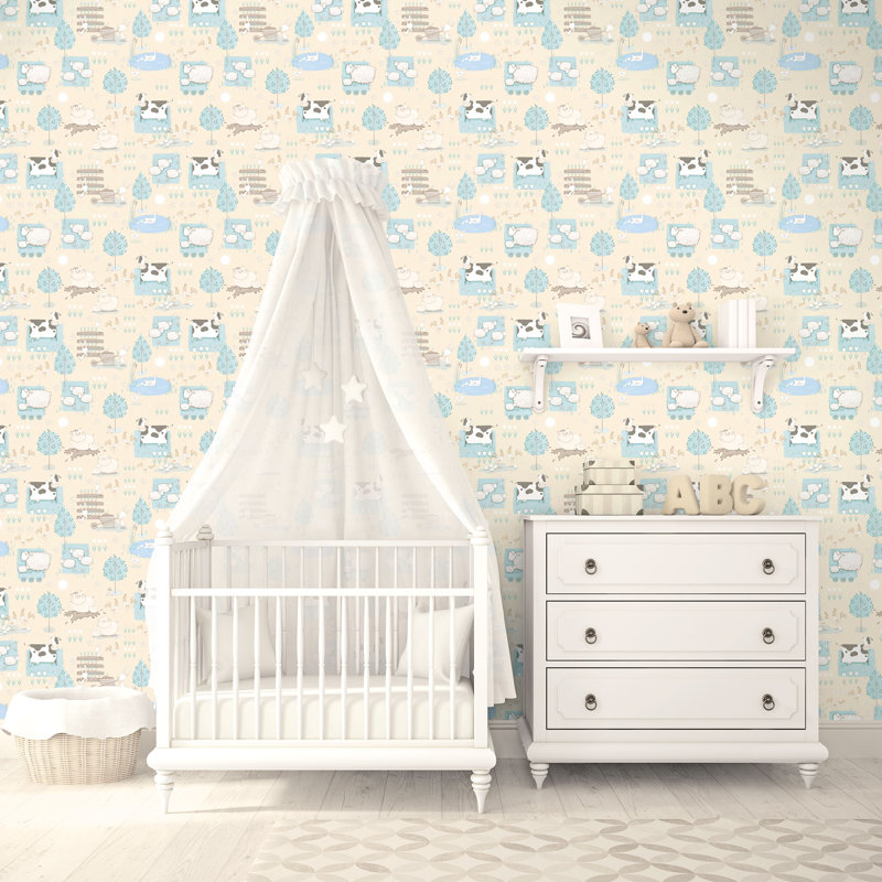Egremt 10m x 53cm Matte Wallpaper Roll, Beige/Blue