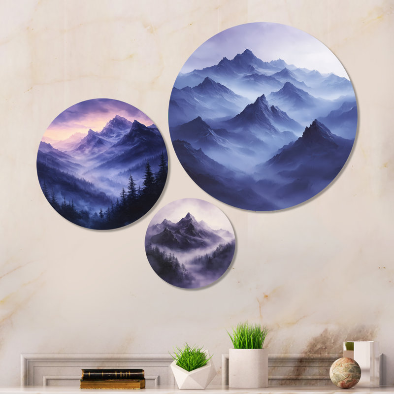 Misty Peaks In The Twilight III - Gray Landscape, art mural en métal 3 pièces