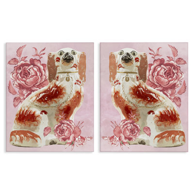 Stupell Industries Antique Dog Figurines 2 Piece Canvas Wall Art Set, Design By Lil' Rue In Pink