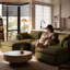 Canapé 3 places en lin vert avec 2 poufs, ensemble de canapés modulaires rembourrés