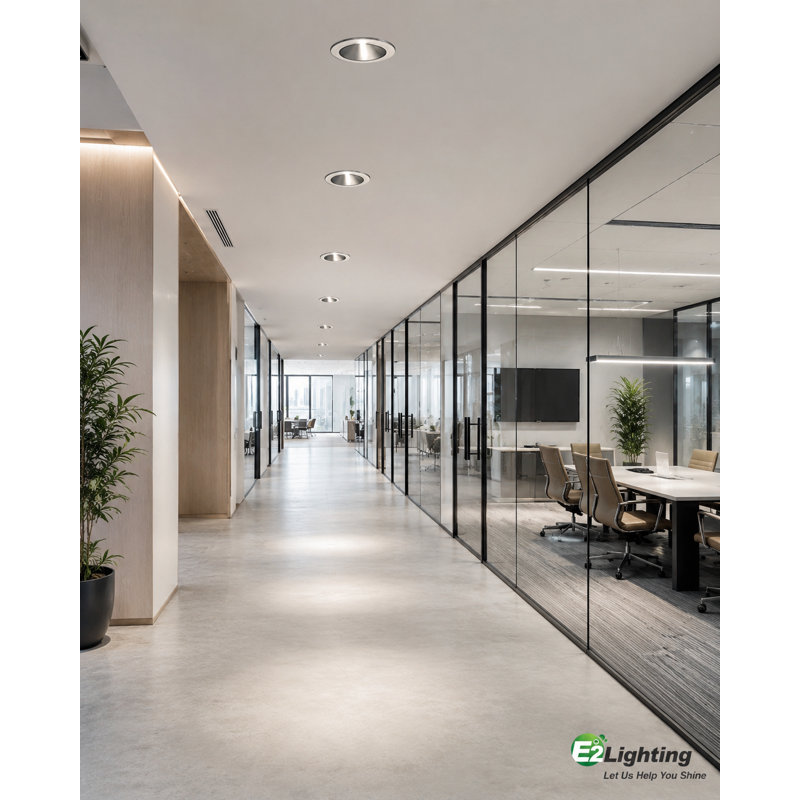 Luminaire encastré DEL commercial haut de gamme E2 Lighting de 15 cm (6 po) avec 3 puissances réglables, 3 températures de couleur sélectionnables et bordure blanche.