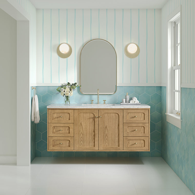 Laurent 60"W Single Vanity W/ Freepower Wireless Charger, Eternal Jasmine Pearl, Light Natural Oak