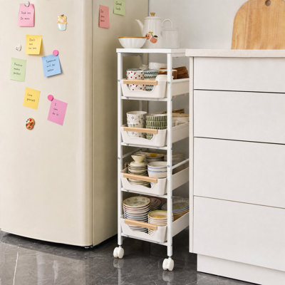 5-Tier Slim Storage Cart, Wooden Top Rolling Kitchen Cart with Pull-Out Baskets & Wheels