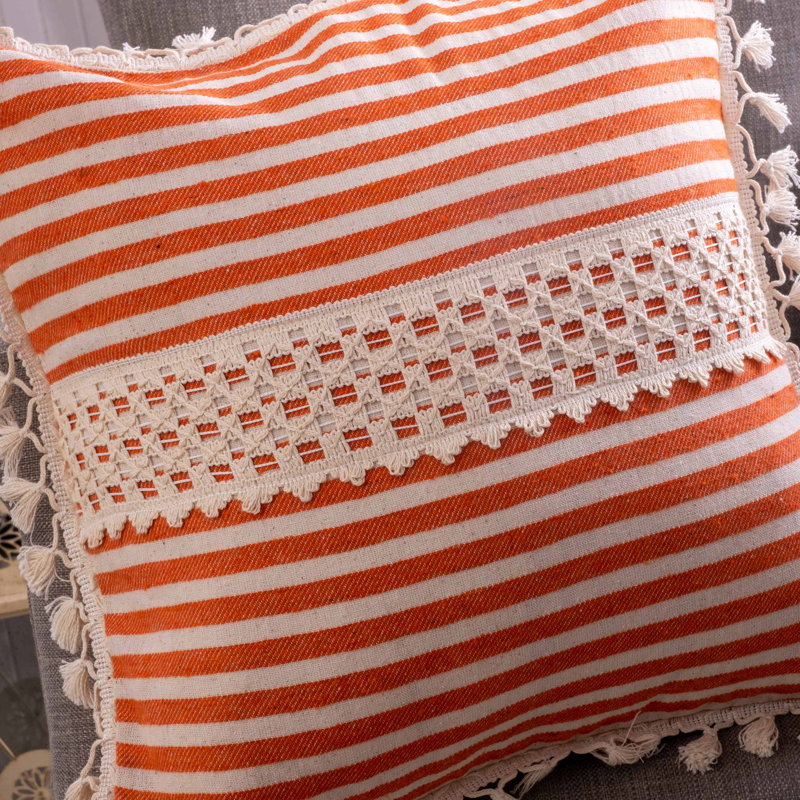 Arum Striped White Square Cushion Cover, Coral Red
