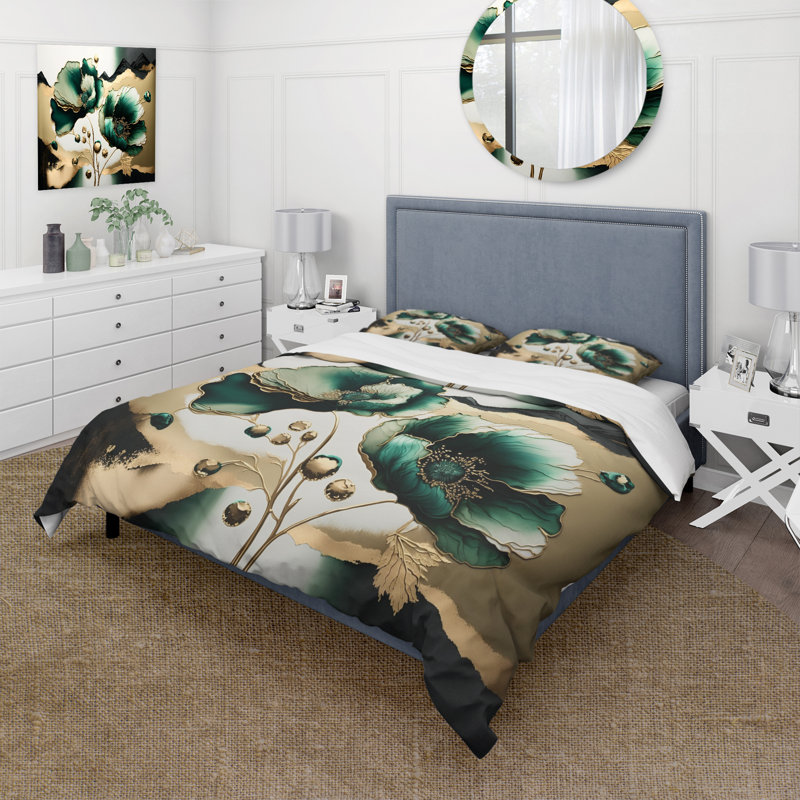 Ensemble de housse de couette en microfibre / polyester doré et vert à motif de coquelicots Euphoria I