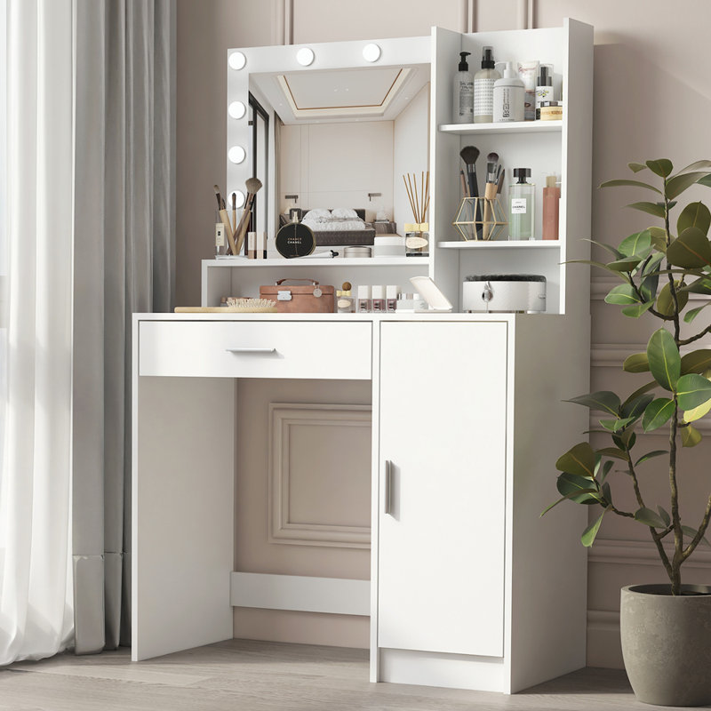 Meuble-lavabo avec miroir, éclairage réglable et grand rangement à trois niveaux pour les routines de beauté organisées
