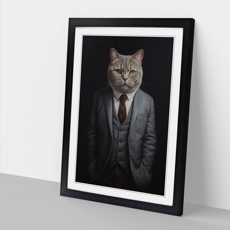 British Shorthair Cat in a Suit Painting No.2 - Framed Print, Black Framed, 64cm H x 46cm W x 2cm D