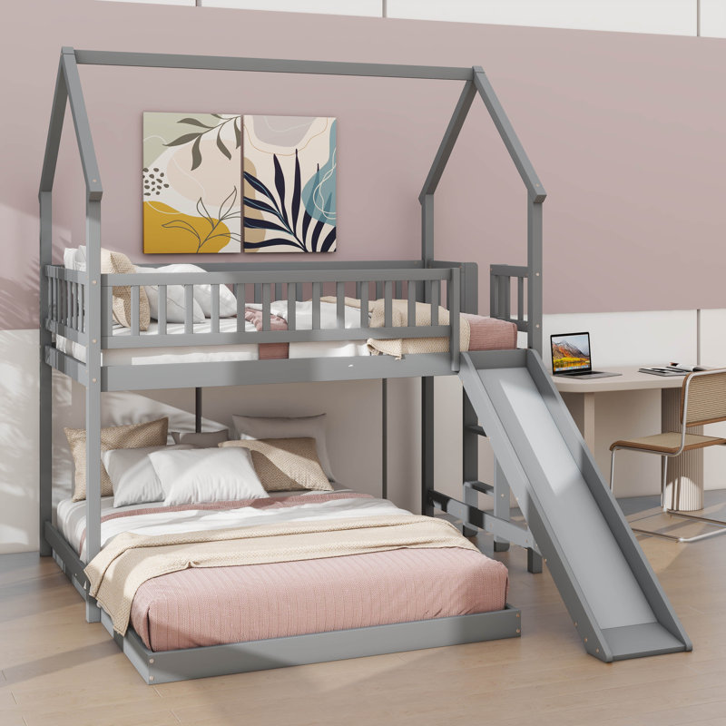 A Full-Over-Twin Bunk Bed Designed Like A House, Including A Slide, Integrated Ladder, Gray