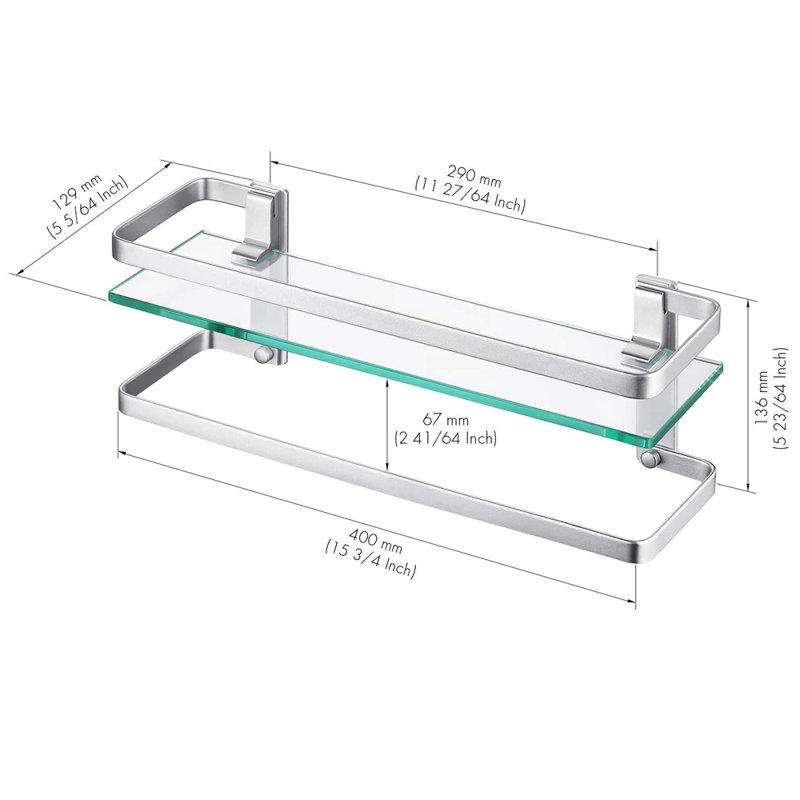 Tablette murale rectangulaire en verre avec rail en aluminium et barre à serviettes, tablette flottante en verre trempé très épais pour le rangement de la salle de bain 