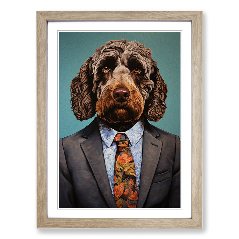 Labradoodle in a Suit Painting No.3 1 Piece Single Picture Frame Wall Art, 34cm H x 25cm W x 2cm D, Oak Framed