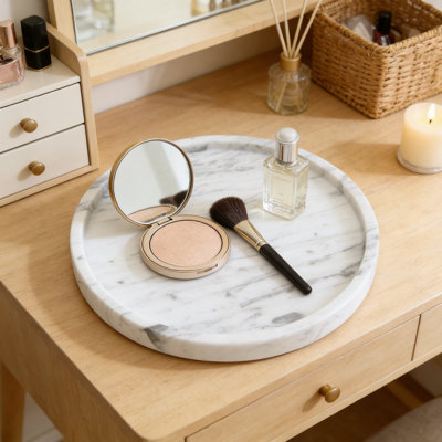 Plateau en marbre naturel avec patins antidérapants, organisateur de meuble-lavabo rond décoratif pour salle de bain, table basse et présentoir de comptoir