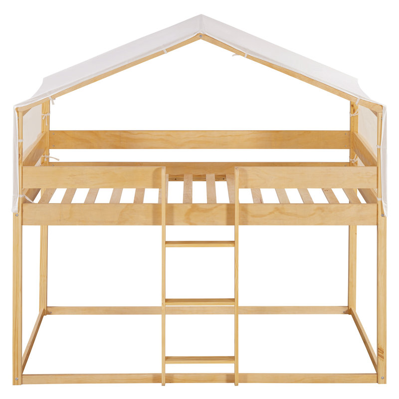 Lit simple superposé simple avec tente, lit d'enfant en forme de maison avec clôture, structure en bois de pin, style maisonnette