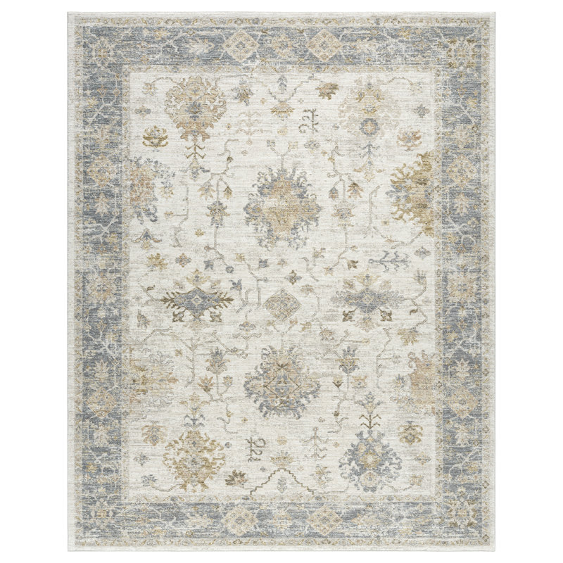 Tapis d'intérieur tissé damassé performance ivoire / bleu Fresnal, 5 pi x 7 pi 10 po
