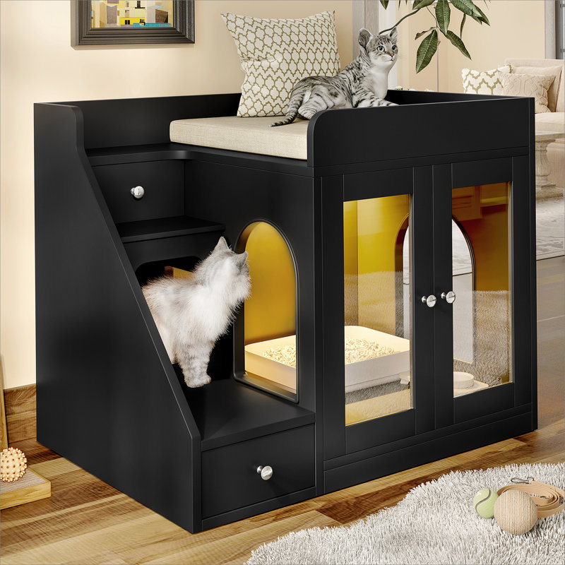 Enceinte de litière pour chat avec lumière, meuble de litière caché avec 2 tiroirs de rangement, table d'appoint intérieure pour chat, noir