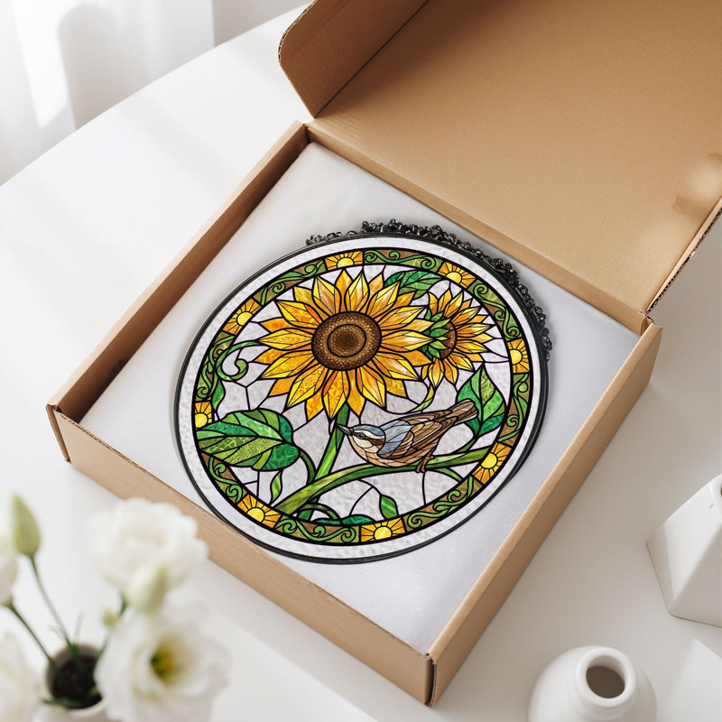 Panneau de vitrail Sunflower Bird, H 7,8 po