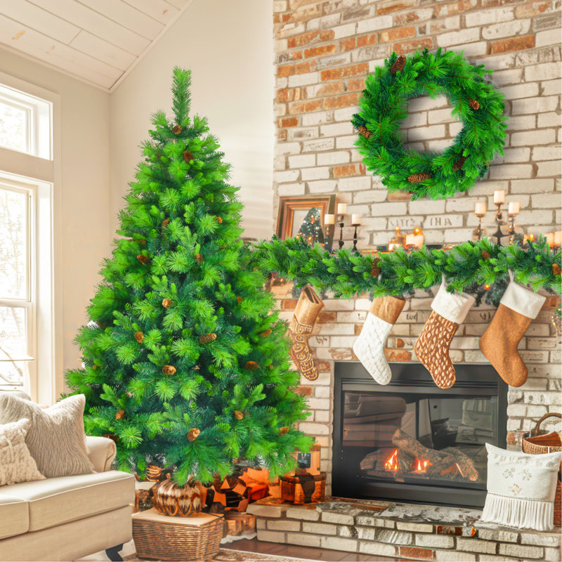 Arbre de Noël vert gazon, pin à grandes branches, ensemble pré-éclairé avec arbre, guirlande et couronne, arbre de Noël artificiel avec pommes de pin, arbre de Noël à charnières, pour la fête des Fêtes