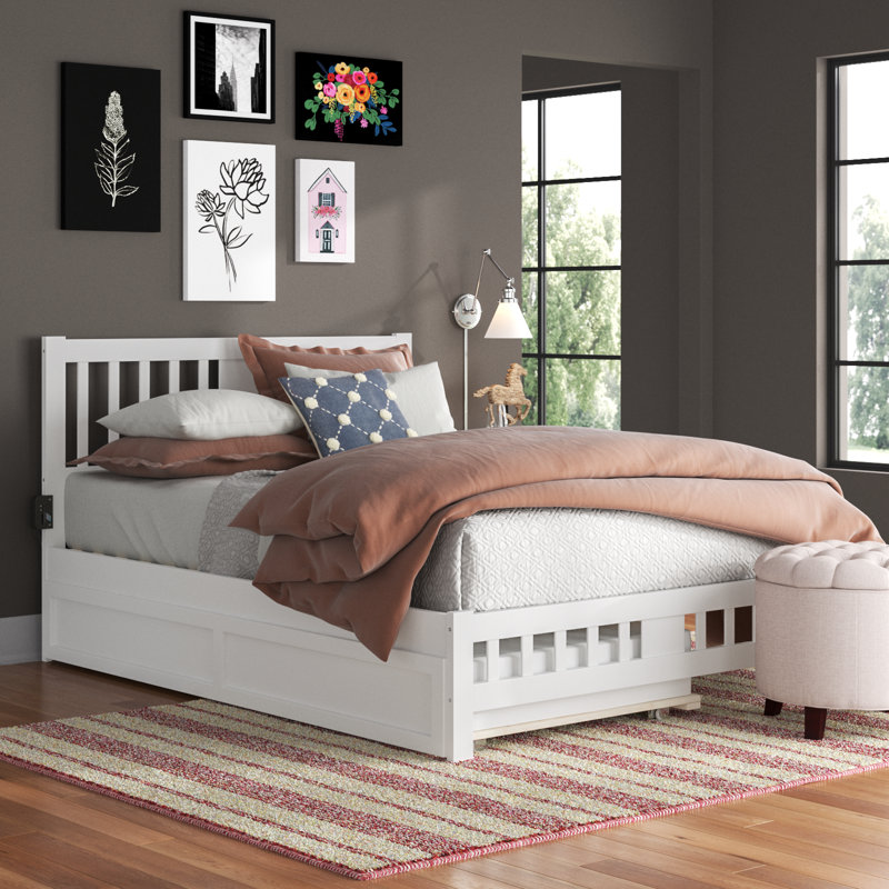 Anakin Solid Wood Platform Bed with Matching Trundle, White, Queen