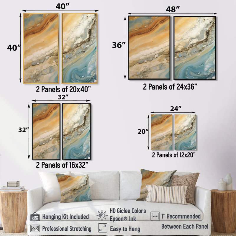 «Beige Blue Aqua Symphony», art mural abstrait grand, Floater Framed Print without Mat, Black, 36" H x 48" W