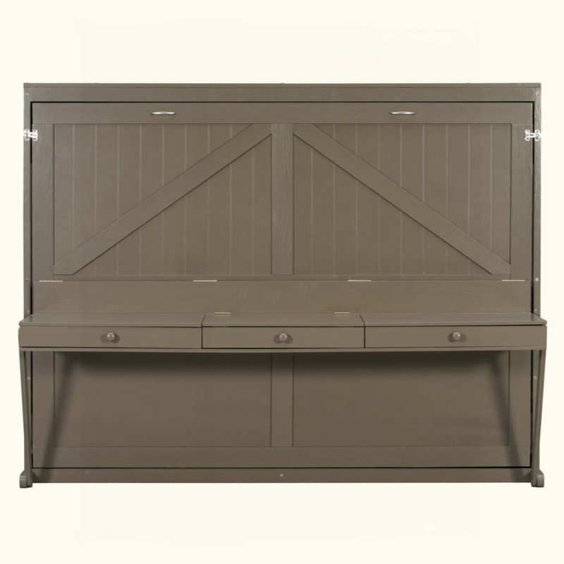 Lit escamotable mural avec rangement, armoire-lit pliable avec coiffeuse, miroir central et 2 tiroirs latéraux, Gris