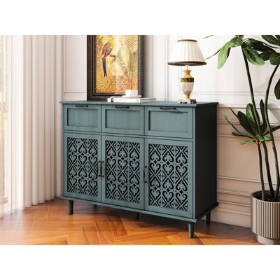 Armoire foncée 3 tiroirs 3 portes, pour chambre à coucher, salon, bureau. Boom symétrique, empreinte de poignée délicate en métal noir, glissière inférieure lisse, hauteur de couche réglable