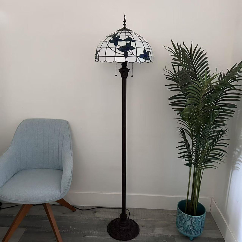Tiffany Floor Lamp White Stained Glass Blue Flowers Metal Base
