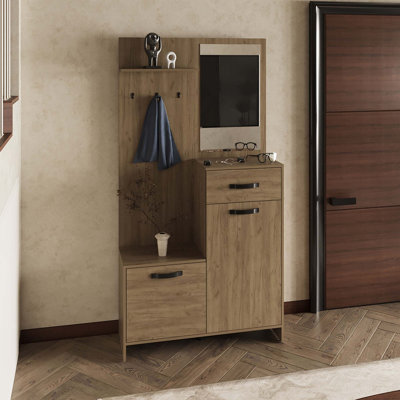 Hall d'entrée à miroir 75 po Parker avec cintres, trois tablettes, deux armoires, un tiroir, une entrée, une console, un salon