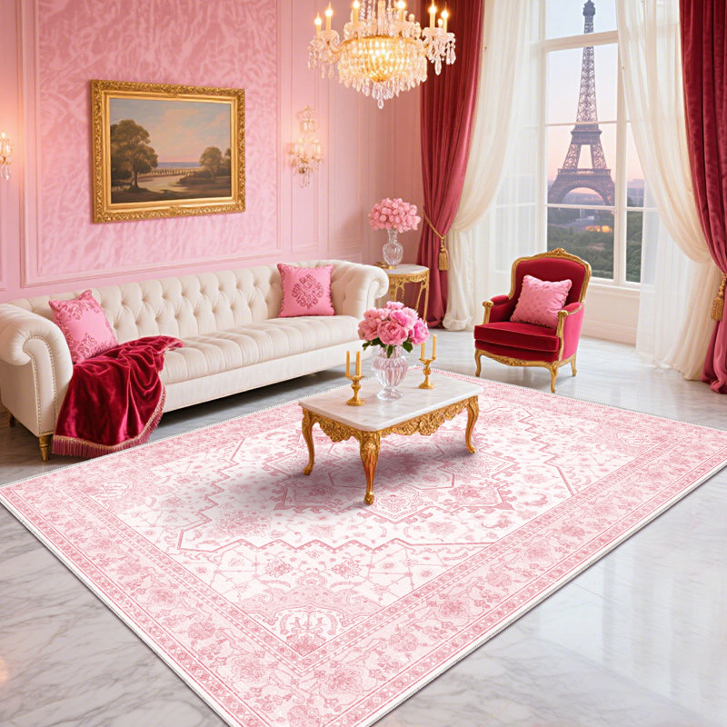 Bohemian Rug, Low Pile Carpet for Bedroom Dining Room, Boho Pink 7x10 Rug, Area Rugs for Living Room, Tumble Rug for High Traffic Area, Washable Area Rugs Home Decor Use, Non Slip