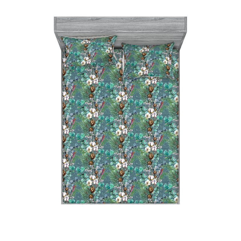 Drap-housse et taies décoratives 3 pièces Ambesonne, Bleu ciel / motif floral vert fougère